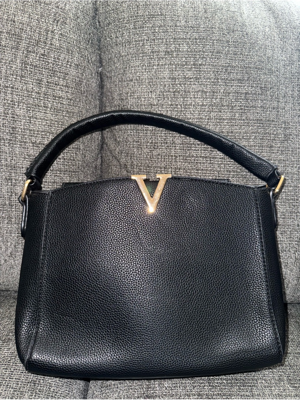 Black Leather Shoulder Bag with Gold V Accent